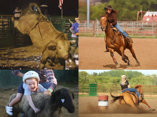 A collage of four images featuring various rodeo activities: a bull bucking, a cowgirl riding a horse, a child participating in a sheep rodeo event, and a rider maneuvering around barrels.